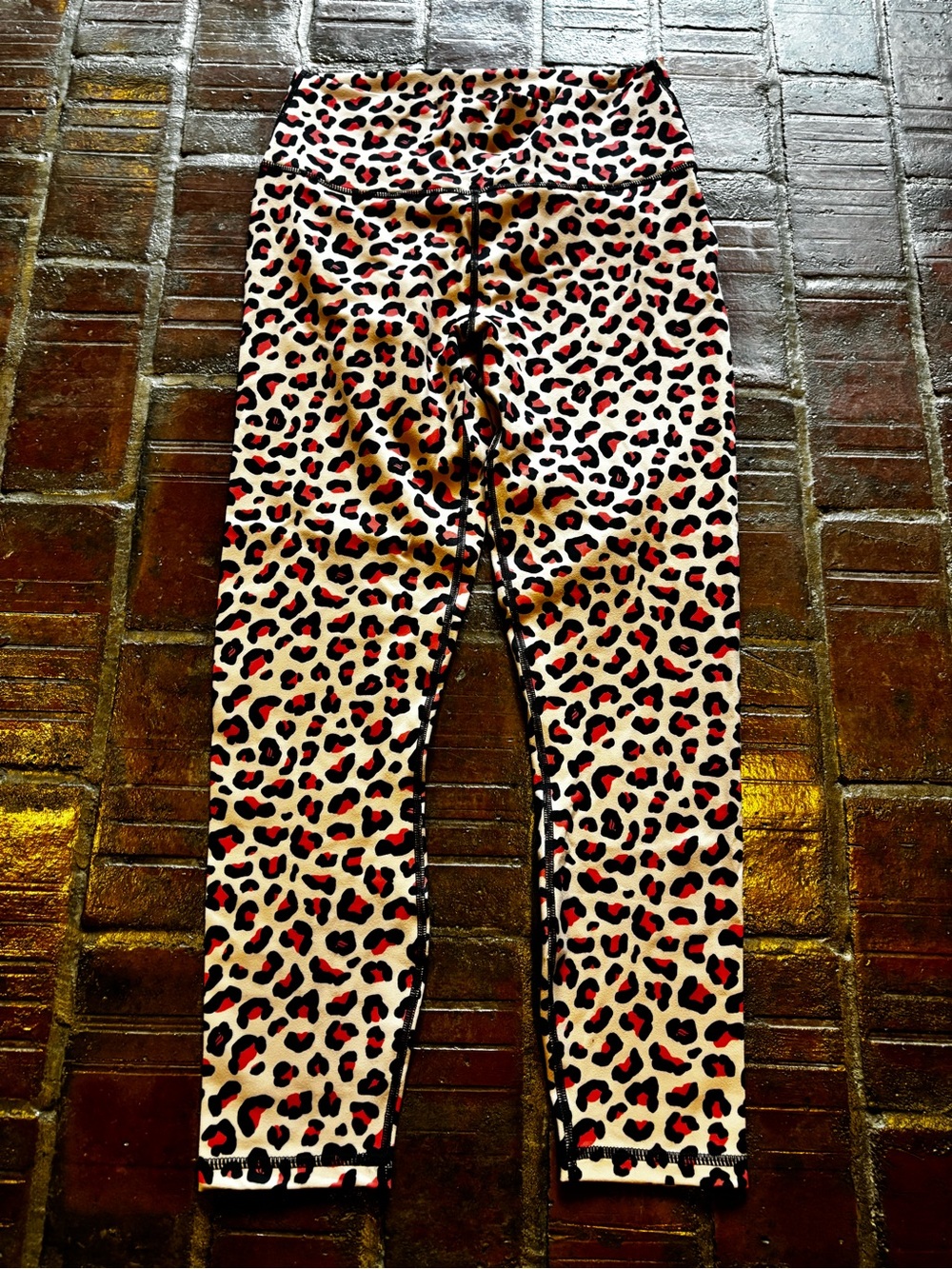 Fabletics Light Pink Cream Red and Black Leopard Print Leggings